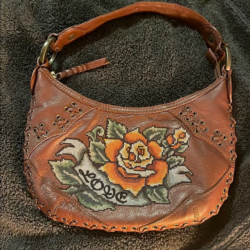 🥀 Isabella Fiore Brown Leather Handbag with Floral Design “Love”